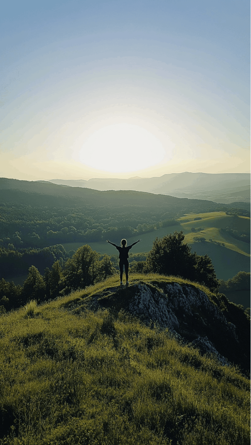 Persoon die op een groene berg met open armen naar de zon kijkt