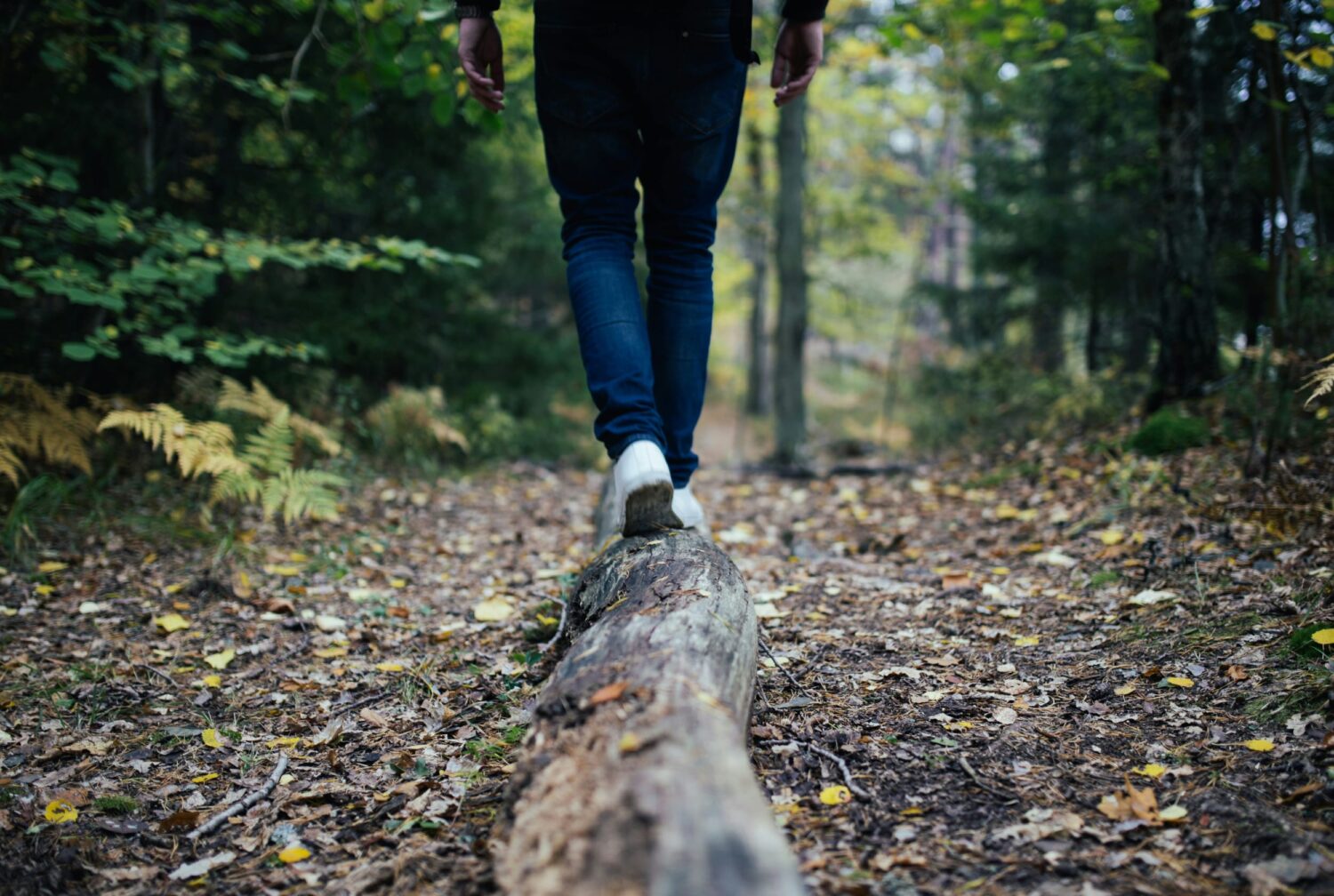 Man die over een boomstam in het bos loopt waarvan alleen zijn broek en schoenen te zien zijn
