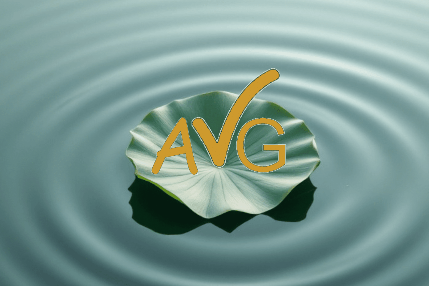 Gele letters AVG op een groen lotusblad die cirkels maakt in het water