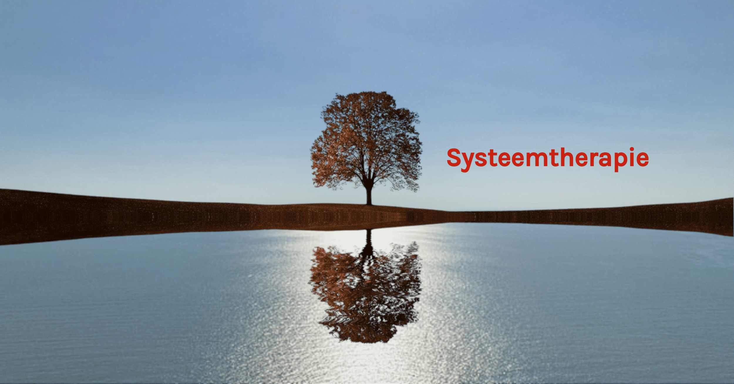 Header Systeemtherapie Roodbruine boom in het midden van een strook land die in rustig water gespiegeld wordt