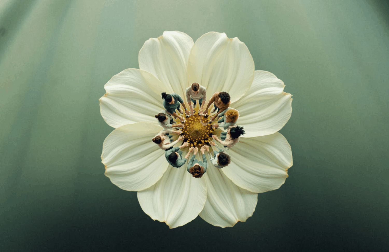 Witte bloem op een verlichte groene achtergrond met een cirkel van 10 mensen die de bloemknop aanraken om te helen